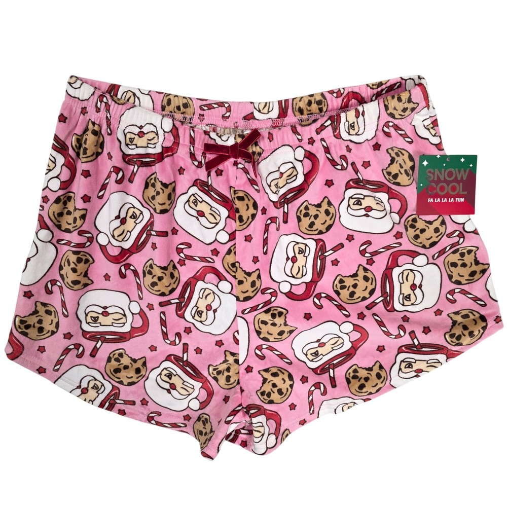 Snow Cool Plush Christmas Pajama Shorts Santa Cookies Pink Womens XL New